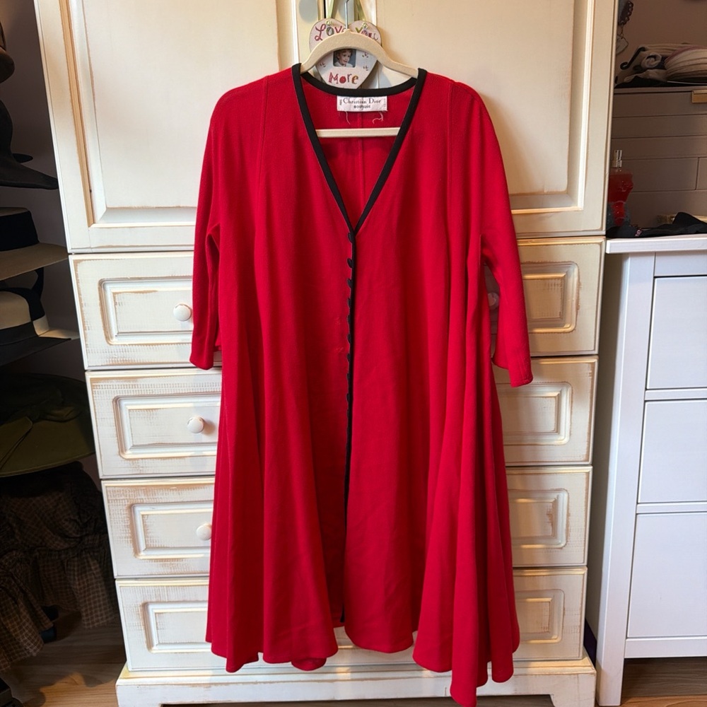 Vintage CHRISTIAN Dior Red Long Sleeve Dress with Black Trim